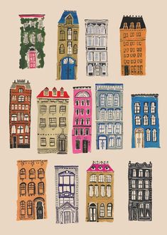 a drawing of many different buildings on a white background