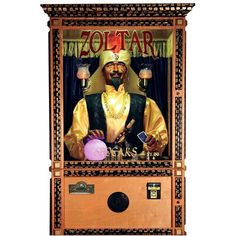 a wooden cabinet with an image of a man wearing a crown and holding a purple ball