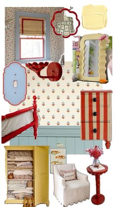 a collage of photos with furniture and wallpapers in red, white, blue, and yellow