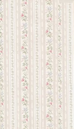 a white and pink striped wallpaper with flowers on the side, in an old fashion style