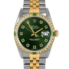 SKU#: 16013-GRN-EMD-AM-4EMD-JBLPre-Owned Rolex 16013 Men's 36mm Datejust Watch, Custom Green Emerald Dial & Custom Emerald and Diamond Bezel on Rolex Yellow Gold & Stainless Steel Jubilee Band Model#: 16013 Case: Rolex 36mm Stainless Steel Case Movement: Rolex Automatic 3035 Caliber Dial: Custom Green Dial with Emerald Hour Markers (Not Made by Rolex) Bezel: Custom Emerald and Diamond Bezel (Not Made by Rolex) Band: Rolex Yellow Gold & Stainless Steel Jubilee Band This Beautiful Watch Comes Full Wooden Watch Box, Wooden Watch, Green Diamond, Pre Owned Rolex, New Years Sales, Watch Box, Beautiful Watches, Green Emerald, Luxury Watches For Men