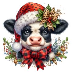 a black and white cow wearing a santa hat with holly wreaths on it's head