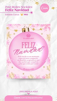 a pink christmas ornament with gold stars on it and the words feliz navidad written in spanish