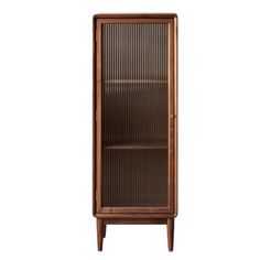 a tall wooden cabinet with glass doors