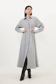 Grey Marl Wool Mix Shirt Midi Dress Long Shirt Outfits, Shirt Midi Dress, Skirt Draping, Grey Midi Dress, Maxi Shirts, Midi Shirt Dress, Straight Skirt, Karen Millen, Petite Dresses