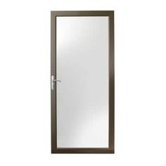 an open door with a mirror on the front and side paneled in wood, against a white background