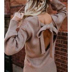 This Sweater Is Black, Not Tan As In Picture. Brand New. Womens Mauve Sweater, Knitwear Jumper, Open Back Sweater, Robes Glamour, Knot Sweater, Boho Style Tops, Plain Sweaters, Lantern Sleeve Sweater, Straight Clothes