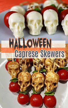 halloween caprese skewers on a white plate with tomatoes and cherry tomatoes