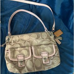 Women’s Coach, Rare Vintage, Handbag, Tan, And Pink In Like New Condition In&Out No Rips, No Tears No Snags With Three Coach, Emblems And Shoulder Strap Camo Purse, Tan Handbags, Vintage Coach Bags, Vintage Handbag, Thrift Stores, Vintage Coach, Vintage Handbags, Makeup Inspiration, Coach Bags