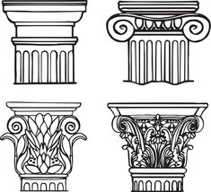 four different types of columns with designs on the top and bottom, vintage line drawing or engraving