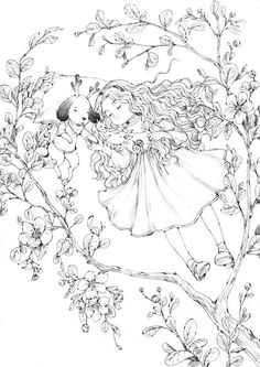 a pencil drawing of a girl in a tree with flowers and a teddy bear on the branch