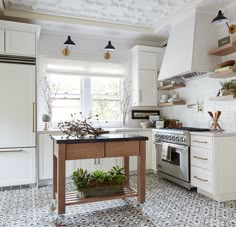 a kitchen with an island in the middle of it and potted plants on top