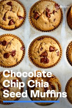 chocolate chip chia seed muffins in a muffin tin with text overlay