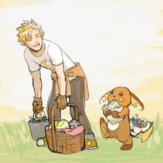 a drawing of a man and his dog picking up items from a basket on the ground