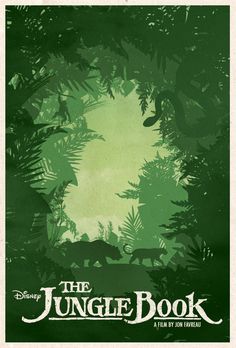 the jungle book poster with an image of animals and trees in the background, on green paper