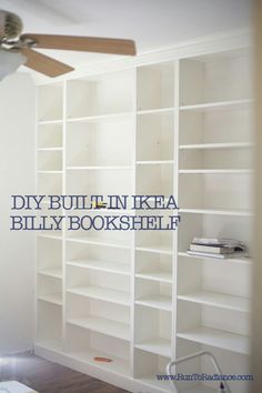 a white bookcase with the words diy built in ikea billy bookshelf