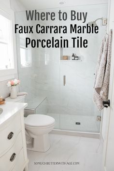 a white bathroom with the words where to buy fax carra marble porcelain tile