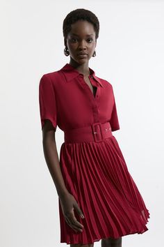 Belted Georgette Pleat Woven Mini Dress Red Pleated Mini Dress For Summer, Pleated Midi-length Belted Dress For Summer, Spring Pleated Knee-length Belted Dress, Summer Pleated Midi-length Belted Dress, Red Pleated Sleeveless Mini Dress, Petite Work Outfits, Bride Jumpsuit, Petite Wedding Guest Dresses, Winter Coat Dress