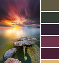 an image of the ocean at sunset with rocks in the foreground and color swatches