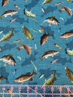 the fabric has many different types of fish on it and is blue with pink stripes