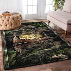 an area rug with a boat on it