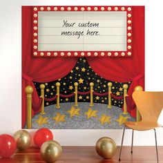 an image of a stage with red curtains and gold stars on the floor for your custom message here