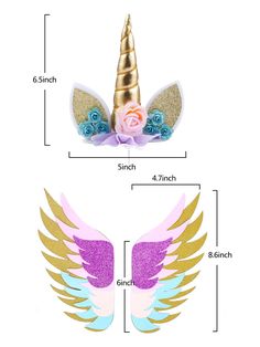 an image of a unicorn head with wings and flowers on it's forehead, measurements