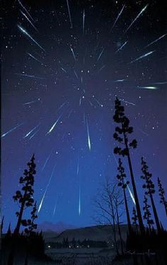 the night sky is filled with stars and shooting comets in the dark blue sky