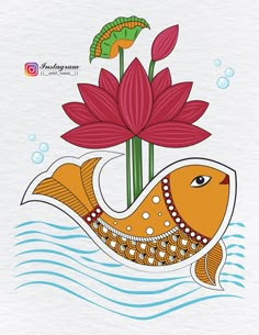 an orange fish swimming in the water next to a red flower with green leaves on it