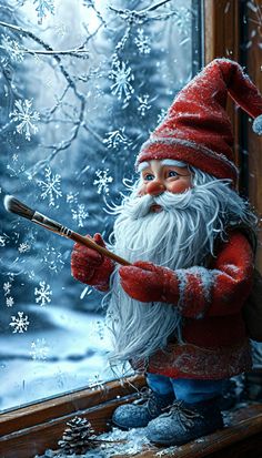 a santa claus figure holding a baseball bat in front of a window with snowflakes