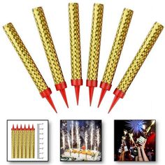 six red and gold fireworksticks are in the middle of a photo with pictures on it