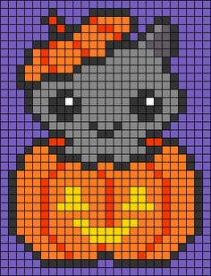 a pixellated image of a cat in a pumpkin costume on purple and orange background