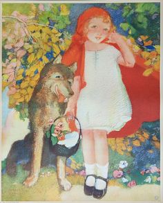 Red Riding Hood Wolf, Art Deco Lady, A Wolf, Lithograph Print, Grimm, Pink Flamingos, Nursery Rhymes