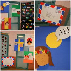 the collage shows different pictures of children's doors and bulletin boards with words on them