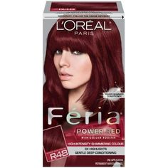 With L'Oreal Feria, what you see is the shimmer. Multi-Faceted shimmering color with 3X highlights delivers intensified, brilliant results. Inspired by fashion, Feria offers a twist on the traditional and gives edgy hair color - from bright red, platinum blonde, rose gold, metallic brown, to blue black hair color, these hair dye kits will transform your hair. Feria's prismatic color spectrum is custom-blended by L'Oreal master colorists for bold, head-turning shades no appointment necessary. The Hair Color Cherry Coke, Cherry Coke Hair, Feria Hair Color, Deep Auburn Hair, Deep Auburn, Blue Black Hair Color, Edgy Hair Color, Red Dye, Blue Black Hair