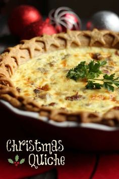 a christmas quiche with cheese and parsley in a red dish on a table