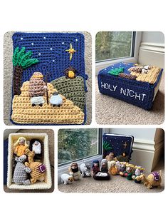 crocheted nativity items displayed on carpeted floor next to window with holiday scene