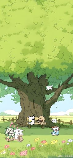 sheep are sleeping under the shade of a large tree in an animated scene with flowers and grass