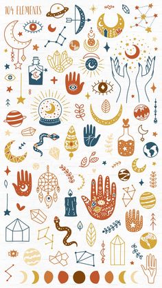 an assortment of hand drawn designs on white paper with orange, blue and red colors