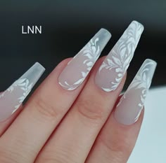 White Silver Wedding Nails, Country Wedding Nails, Floral Nails Wedding, Unique Bridal Nails, Cathedral Nails, Wedding Nails Coffin, Christmas Wedding Nails, Wedding Nails Pink, White Floral Nails