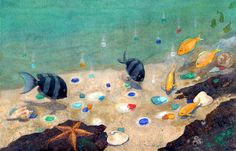 a painting of fish and starfish on the beach