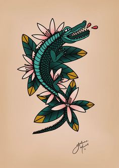 a drawing of a lizard sitting on top of flowers