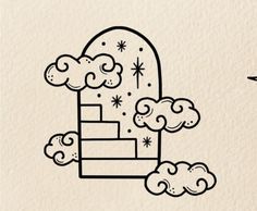 a drawing of a castle with clouds and stars in the sky next to an arrow