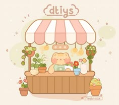 a cartoon bear sitting at a flower shop with potted plants in front of it