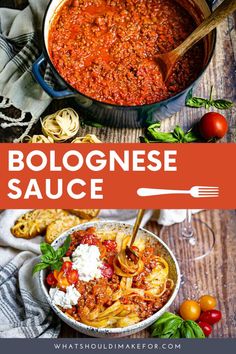 a bowl of bolognzoe sauce on top of a wooden table with pasta and tomatoes