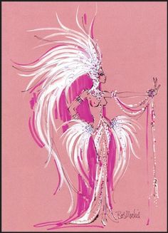 a drawing of a woman in pink with white feathers