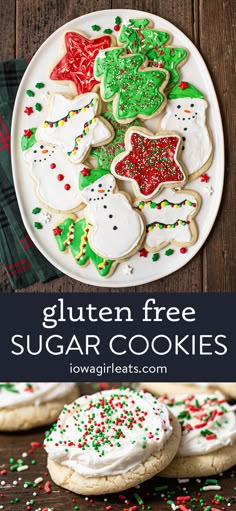 gluten free sugar cookies on a plate with sprinkles and christmas decorations