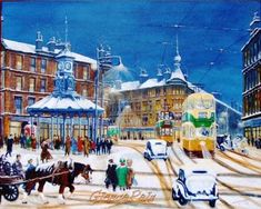 a painting of people and cars on a city street with trolleys in the background