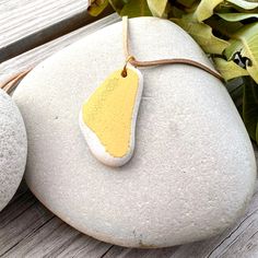 two white rocks with a yellow tag on them sitting next to some plants and leaves