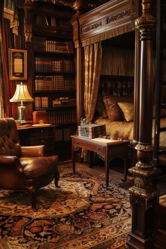 a bedroom with a bed, chair and bookshelf filled with lots of books